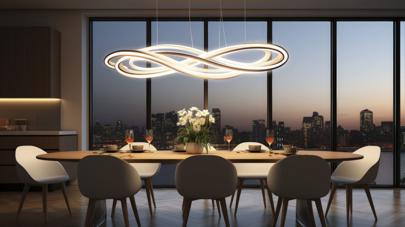 Modern pendant lighting for dining room over wooden dining table